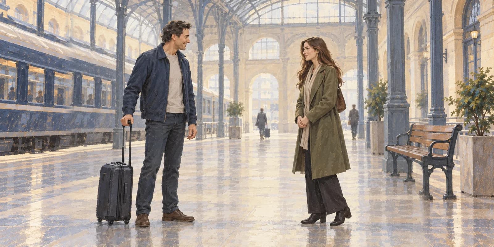 Illustration of a man with a suitcase meeting a woman at a train station.