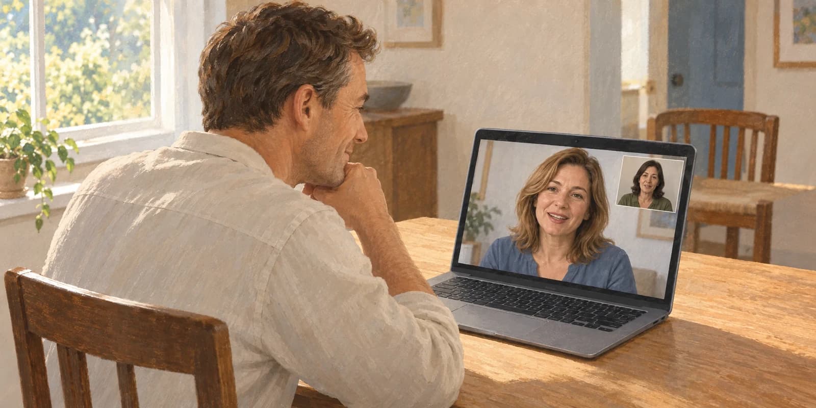 Illustration: Ein Mann im Videogespräch mit einer Frau und einem Dolmetscher.