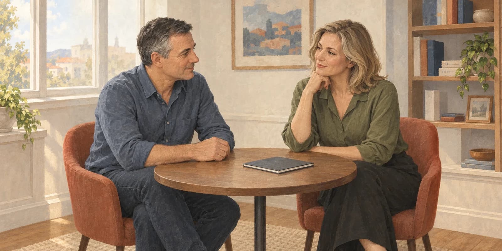 Illustration of a man and a woman having a relaxed conversation at a table.