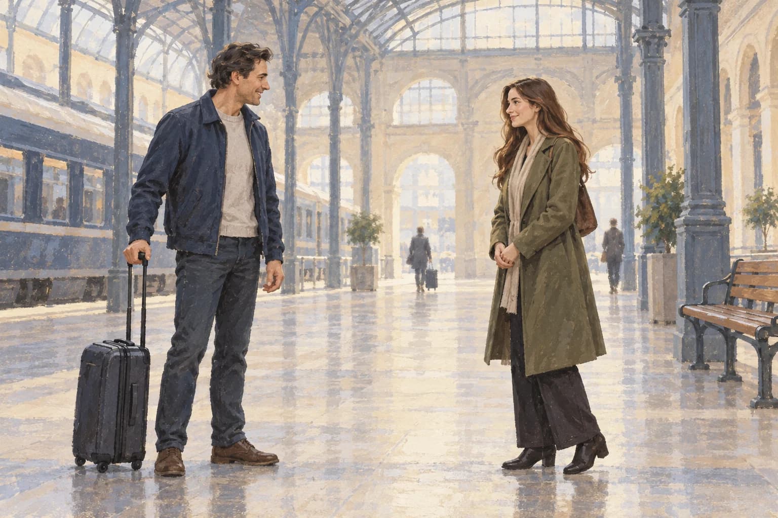 Illustration: Ein Mann mit Koffer trifft eine Frau an einem Bahnhof.