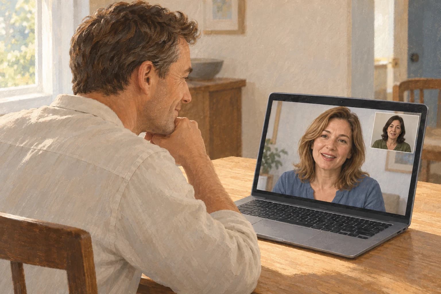 Illustration: Ein Mann im Videogespräch mit einer Frau und einem Dolmetscher.