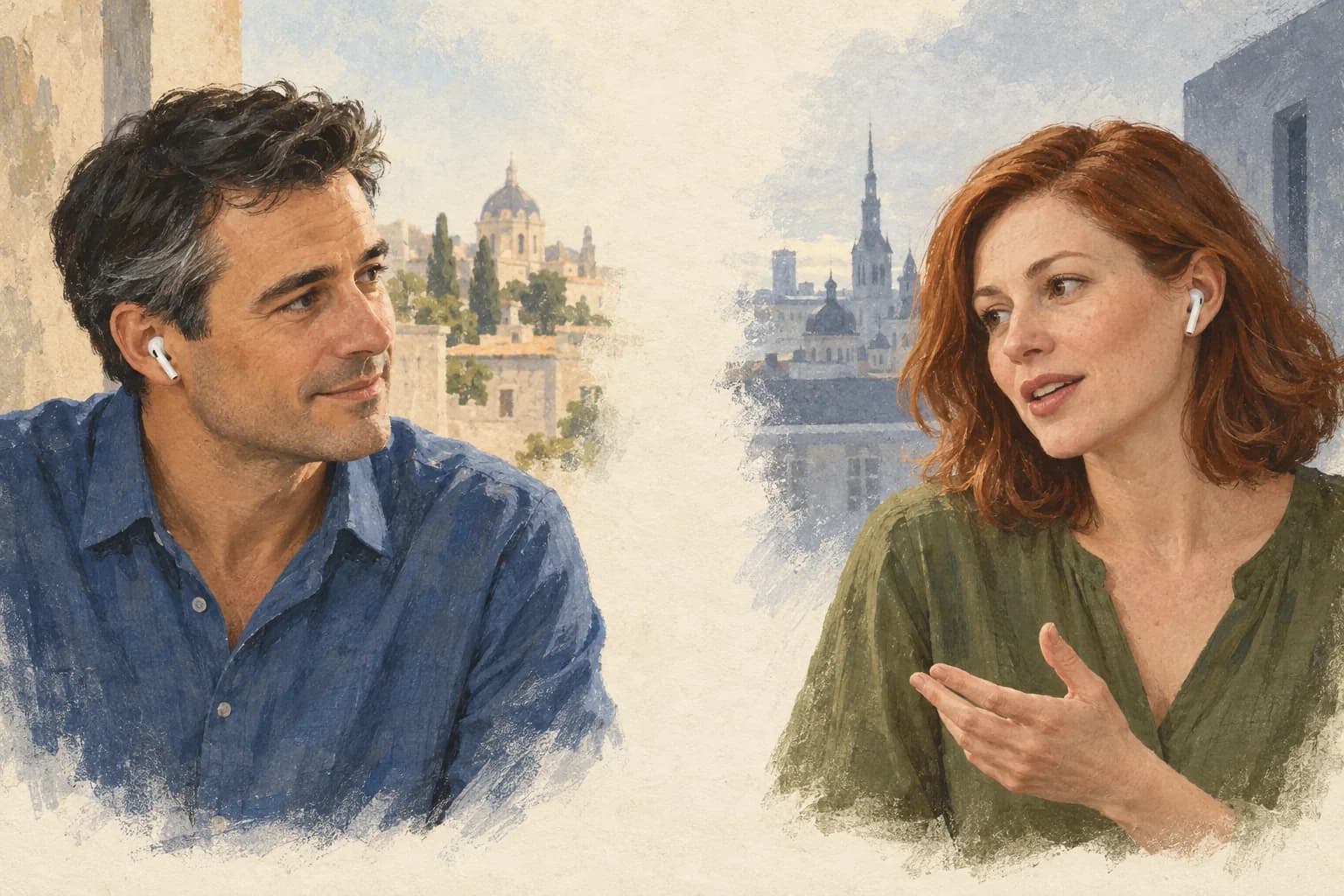 Illustration: Ein Mann und eine Frau sprechen aus der Ferne miteinander, beide mit Ohrhörern.