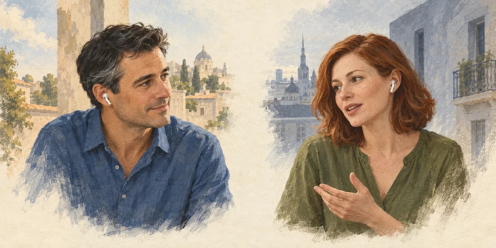 Illustration: Ein Mann und eine Frau sprechen aus der Ferne miteinander, beide mit Ohrhörern.