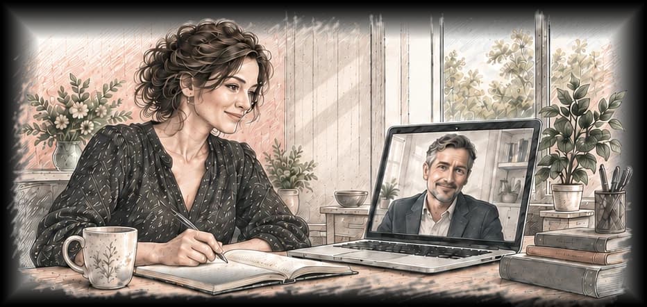 Illustration: Eine Vermittlerin führt an ihrem Schreibtisch eine Videoberatung mit einem Mann und macht sich Notizen