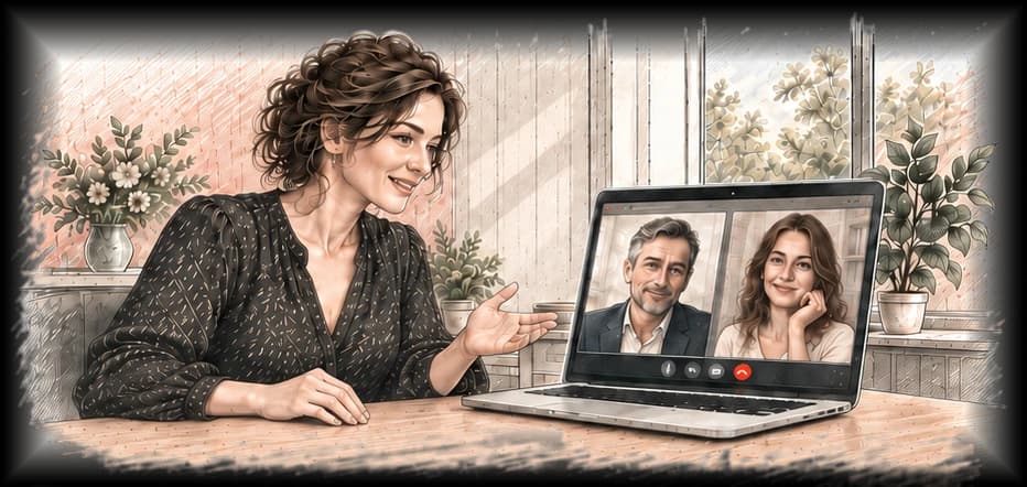 Illustration: Eine Vermittlerin begleitet das Gespräch; auf dem Laptop sind ein Mann und eine Frau im Videogespräch zu sehen