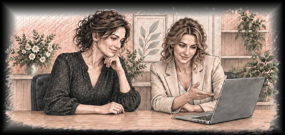 Illustration: Zwei Mitglieder unseres Teams besprechen am Laptop Rückmeldungen und die nächsten Kennenlerngespräche